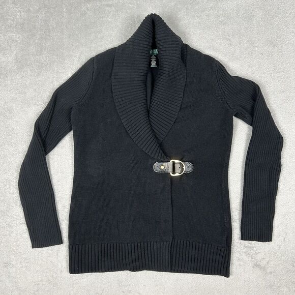 Lauren Ralph Lauren Sweaters - Ralph Lauren Sweater Women's Medium Black Rib Knit Shawl Collar Buckle Cardigan